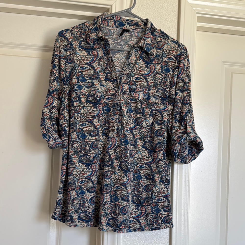 Cathy Cream and Blue Size Large 3/4 sleeve‎ Tunic Top